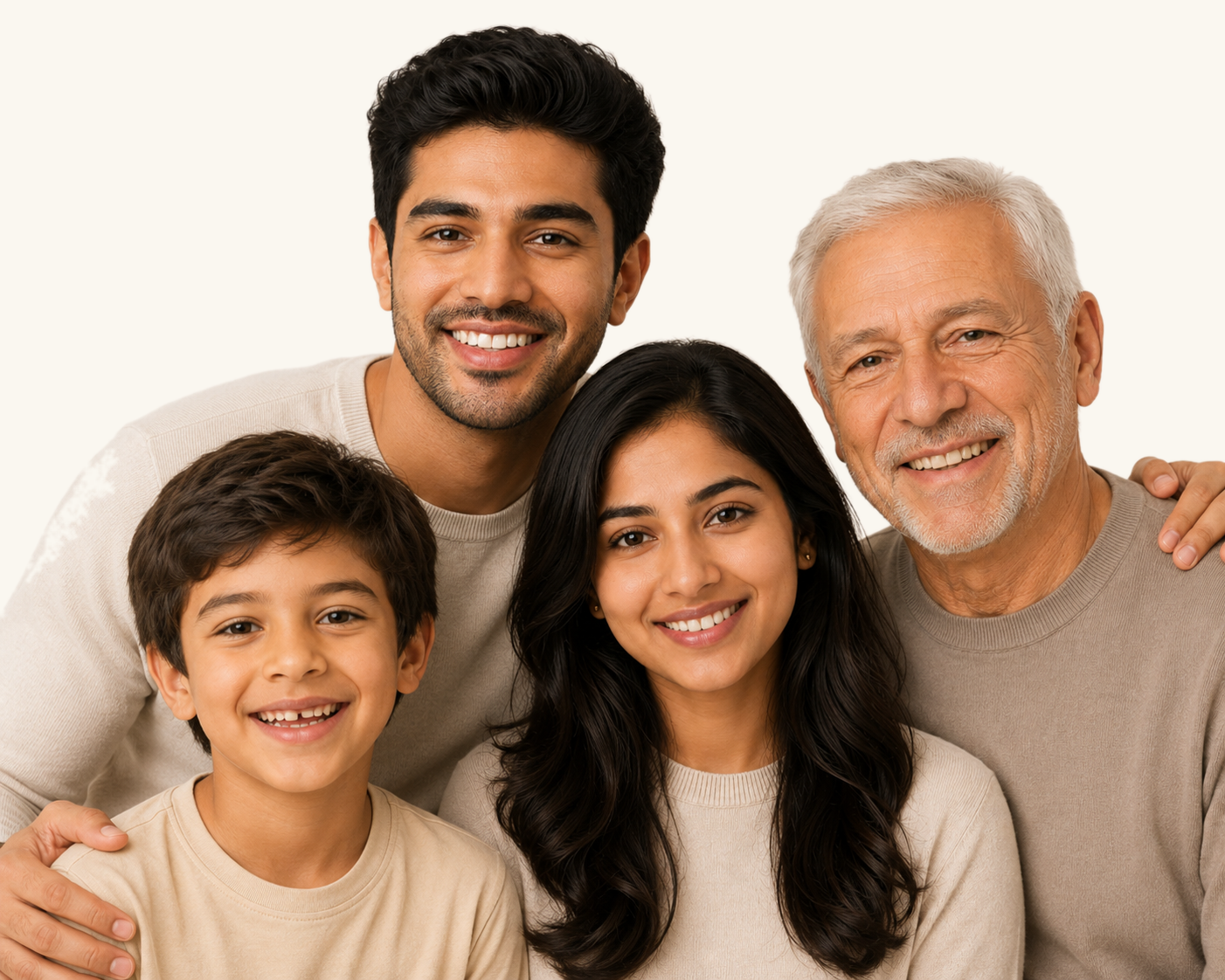 Four people of different ages standing together, smiling